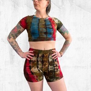 Ice Dyed Yoga Set - Top and Shorts - Bold Vibrant Unique - (Women's Medium)